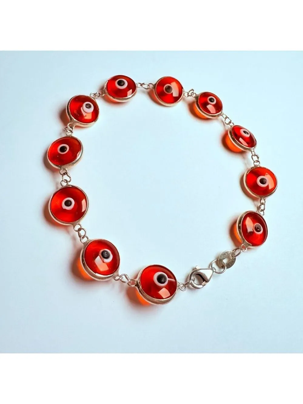 Evil Eye Amulet Orange Amber Glass Sterling Silver 925 Protection Bracelet